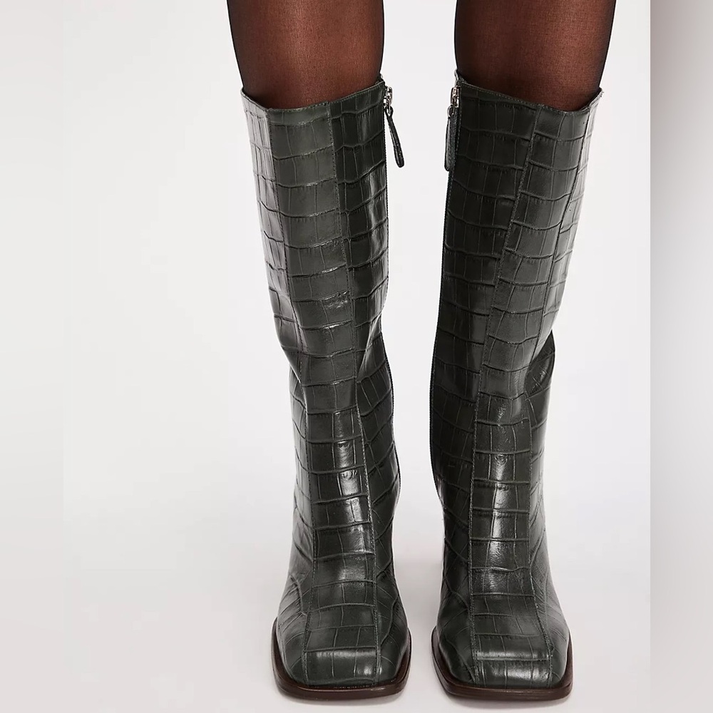 Free People Black Leather Croc-Embossed Knee-High Boots Midi Square-Toe Boots